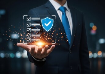 Businessman holding digital checklist and shield with checkmark image