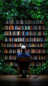 Contemplative reader in a lush library setting