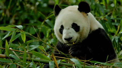 Fototapeta premium Adorable Giant Panda Enjoying a Tasty Bamboo Meal in Lush Green Forest