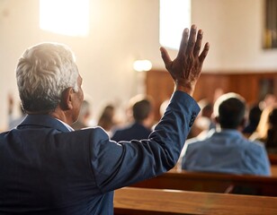 A man raises his hand in a church