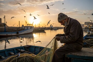 A man sits on a dock with a fishing net in his hand