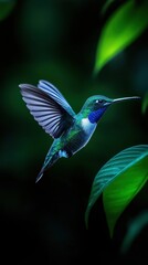 Fototapeta premium Vibrant hummingbird in mid-flight among lush greenery