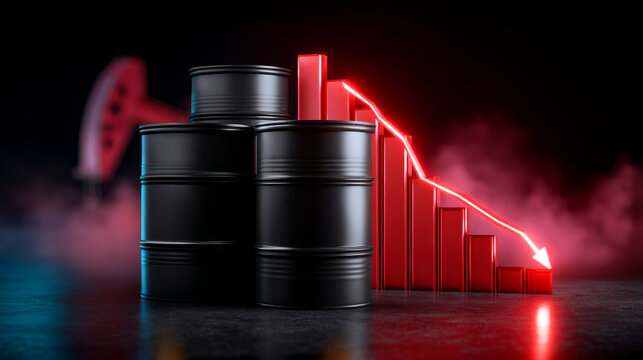 Trade impact on stocks. Oil barrel black red graph arrow decrease finance stock market economic crisis dramatic