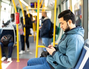 Fototapeta premium A man sits on a public transit vehicle, engrossed in his phone