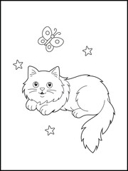Cat Coloring pages for kids and adults. Cartoon character of a kitten and a butterfly.