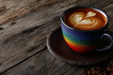 Colorful latte art in cup on rustic wooden table