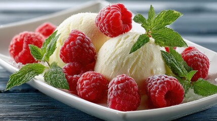 Vanilla ice cream with raspberries and mint