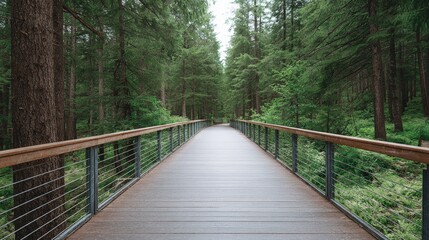 Wooden walkway stretches through lush green forest, surrounded by tall trees and vibrant foliage, inviting exploration and connection with nature