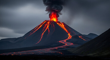 A volcano erupting with lava flowing down its sides under a cloudy sky at night in the mountains