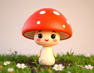 Cute mushroom character in a field