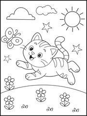 Cute Cat Playing with Butterfly on a Sunny day – Black and White Line Art Printable Coloring Page for kids