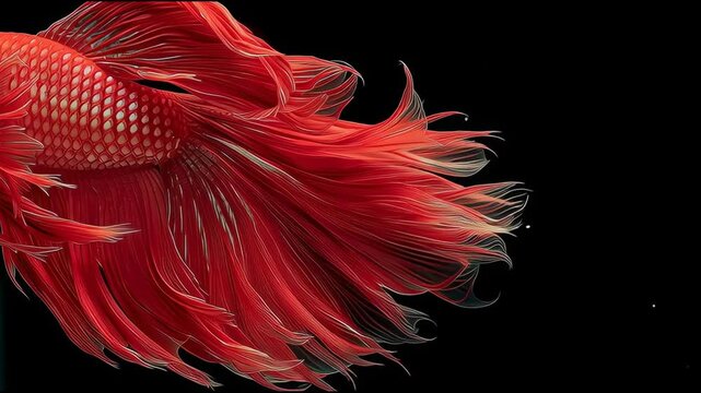 The image shows a stunning red Betta fish, also known as Siamese fighting fish, with long flowing fins set against a black background. The vivid red color and intricate fin details are quite striking.