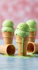 Photo of Green Ice Cream Cones with Melting Droplets on Blue and Pink Background