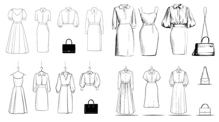 Minimalist fashion sketch of elegant dresses and handbags, perfect for women&rsquo;s clothing design, formal wear, and fashion presentation concepts.