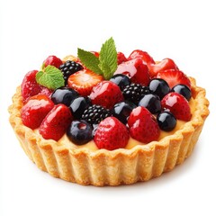 A gourmet fruit tart with a golden pastry shell filled with silky custard, 