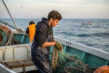A man in a blue wetsuit is pulling a net out of a boat