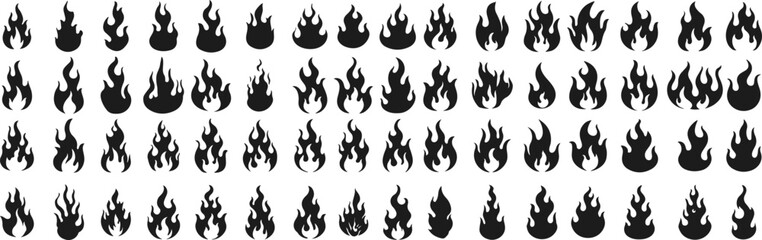 Fire flame silhouette icon set vector collection black white elements