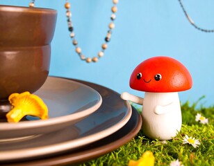 Cute mushroom figurine interacting with plates