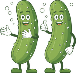 Cartoon pickle characters illustration, smiling vegetables with gloves, thumbs-up and waving poses, fun food clipart, green mascot vector design