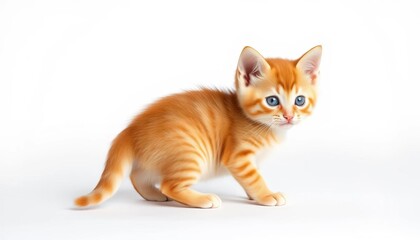 Fototapeta premium Tiny ginger British kitten, pure white backdrop, young, background