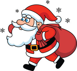 Santa Claus cartoon illustration, red suit and gift sack, snowy background with snowflakes, cheerful Christmas character vector, holiday clipart