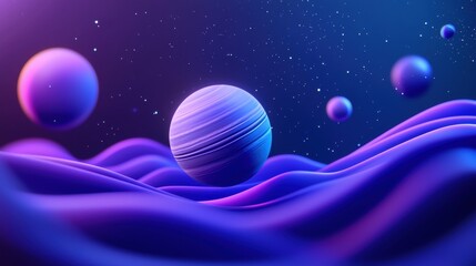 Abstract cosmic landscape with colorful planets and waves