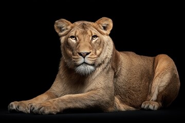 Obraz premium Black Lioness. Male Lion Lying on Black Background in Studio Shot