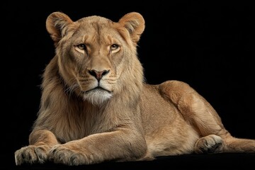 Obraz premium Black Lioness - Studio Shot of Majestic Female Predator Lying on Dark Background