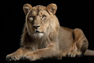 Obraz premium Black Lioness. Studio Shot of Male Lion Lying in Black Background, Majestic Predator of African Wildlife