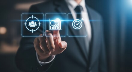 Businessman touching digital screen with target audience analytics and goals icons hand finger