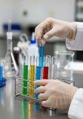 Scientific analysis: Researcher examining colorful liquid samples in a laboratory setting