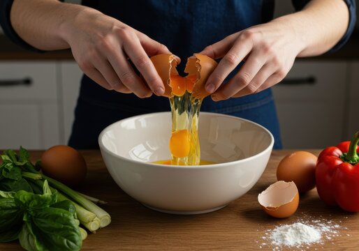Cracking Eggs into Bowl - Culinary Preparation