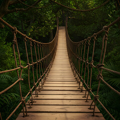 Photo of Suspension Bridge in Lush Green Jungle Forest Scene Pathway Adventure
