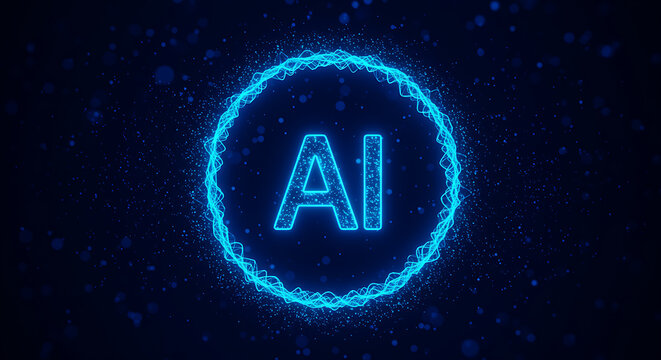 Glowing blue circle with ai letters and particles artificial intelligence technology