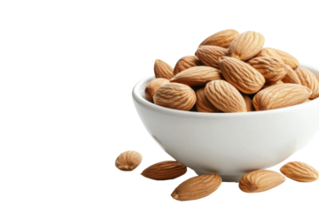 Bowl of raw almonds with few scattered nuts, showcasing their natural texture and color, perfect for healthy snacking or culinary use. isolated transparent background