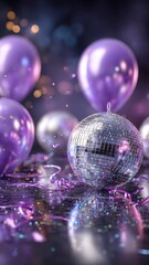 Dark dance floor illuminated by spinning disco ball and festive touches