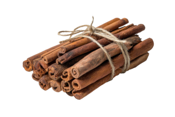 Bundle of cinnamon sticks tied with twine showcases rich, warm tones of spice, evoking sense of warmth and comfort in culinary uses. isolated transparent background