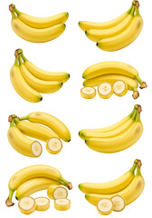 Photorealistic Bananas Isolated on Transparent Background with Yellow Color and Realistic Details