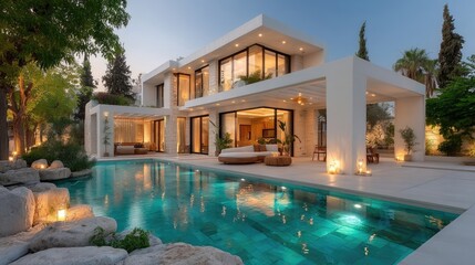 Fototapeta premium Modern villa by pool at twilight