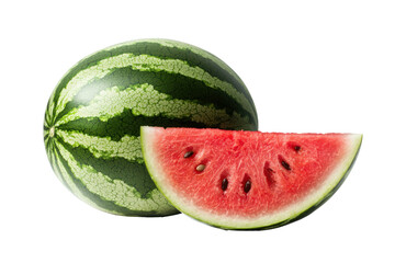 Fresh watermelon with vibrant green rind and juicy red slice revealing black seeds, perfect for summer enjoyment and hydration. isolated transparent background