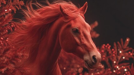 High-detail red horse on a winter festive backdrop