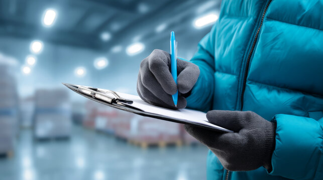 Frozen food delivery service cold chain shipping. frozen, food, delivery, service, cold, chain, shipping worker gloves checks frozen food delivery