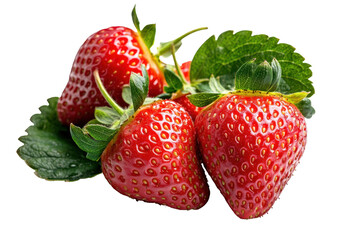 Fresh strawberries with bright red color, vibrant green leaves, and juicy appearance evoke sense of freshness and sweetness. isolated transparent background