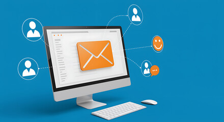 Computer screen displays orange envelope icon connected to user profiles and chat bubbles monitor