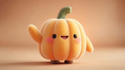 Happy pumpkin character waving in cartoon style