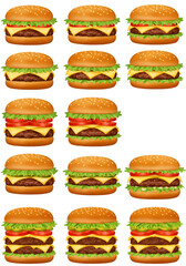 Multiple Burgers Illustration on Transparent Background with Lettuce Tomato Cheese and Bun