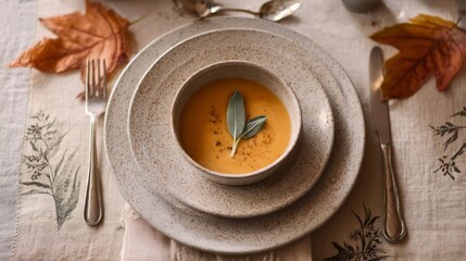 Seasonal ceramic dish with autumn garnish