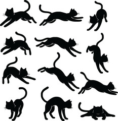 Naklejka premium A collection of black cat silhouettes in various dynamic poses, including running, jumping, stretching, and playing.