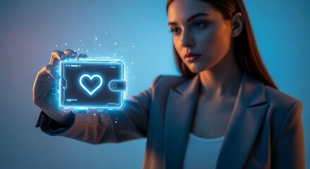 Woman holding digital wallet with heart symbol