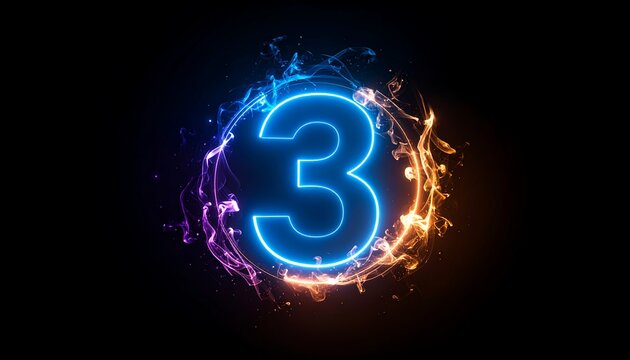 Glowing neon number three encircled by vibrant, swirling, fiery particles on a black background